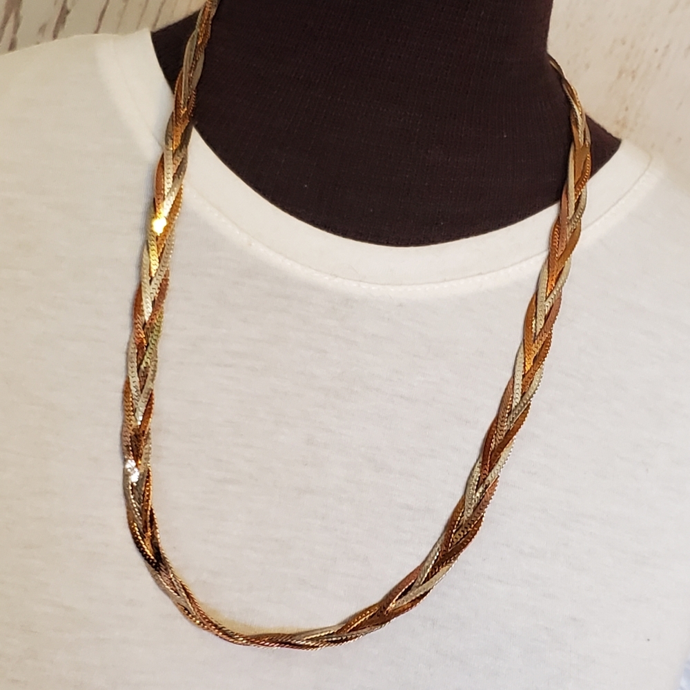 Vintage tri tone braided herringbone chain necklace 26 inches long